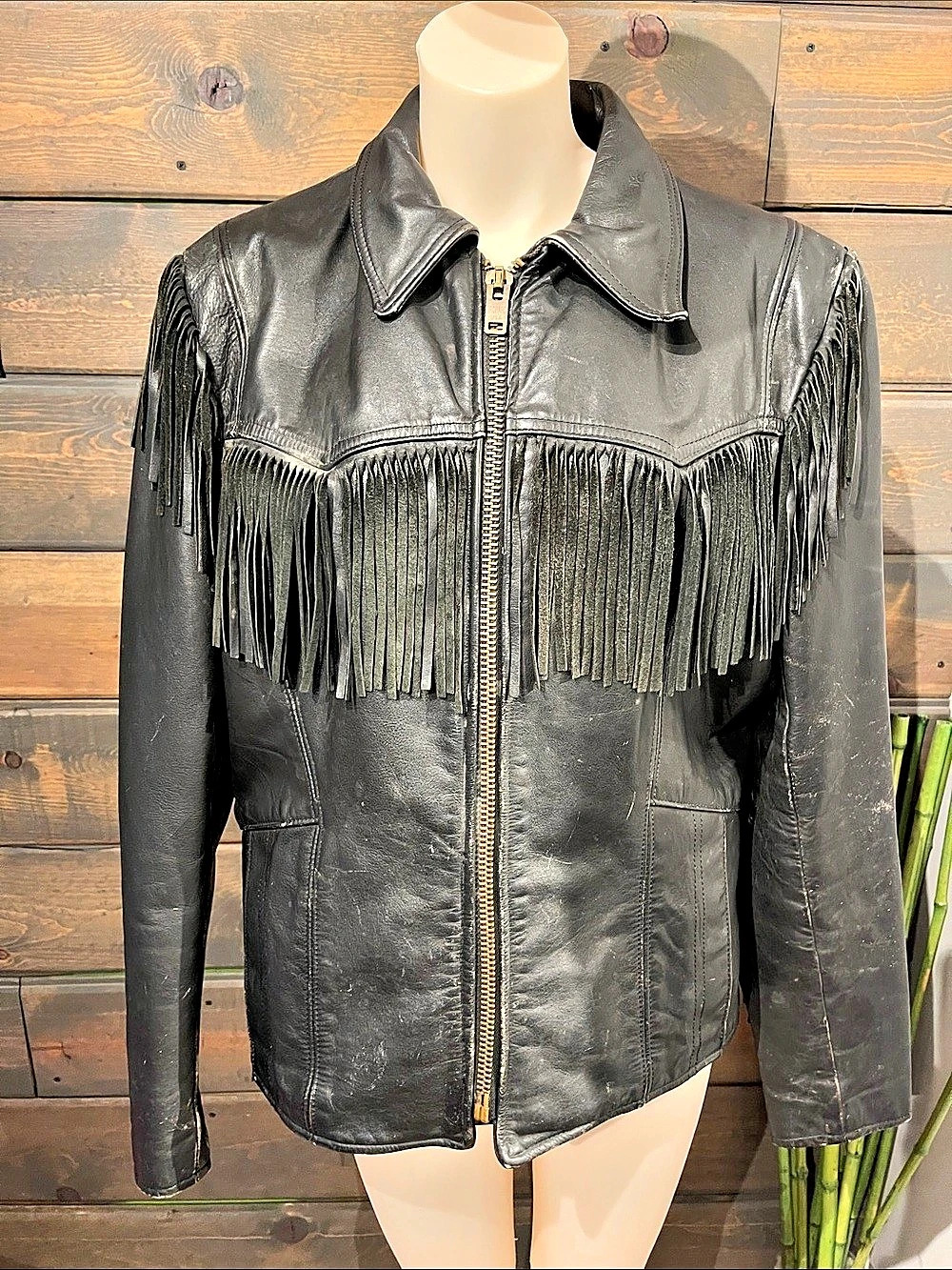 Branded Garments Black Leather Fringe Jacket Size 44